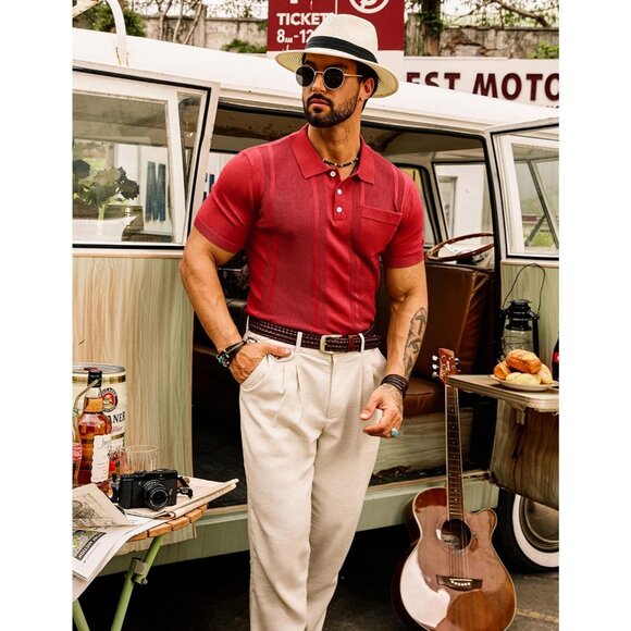 GRACE KARIN Men's Knit Polo Shirt Short Sleeve Textured Lightweight Golf Sweater - Picture 4 of 7